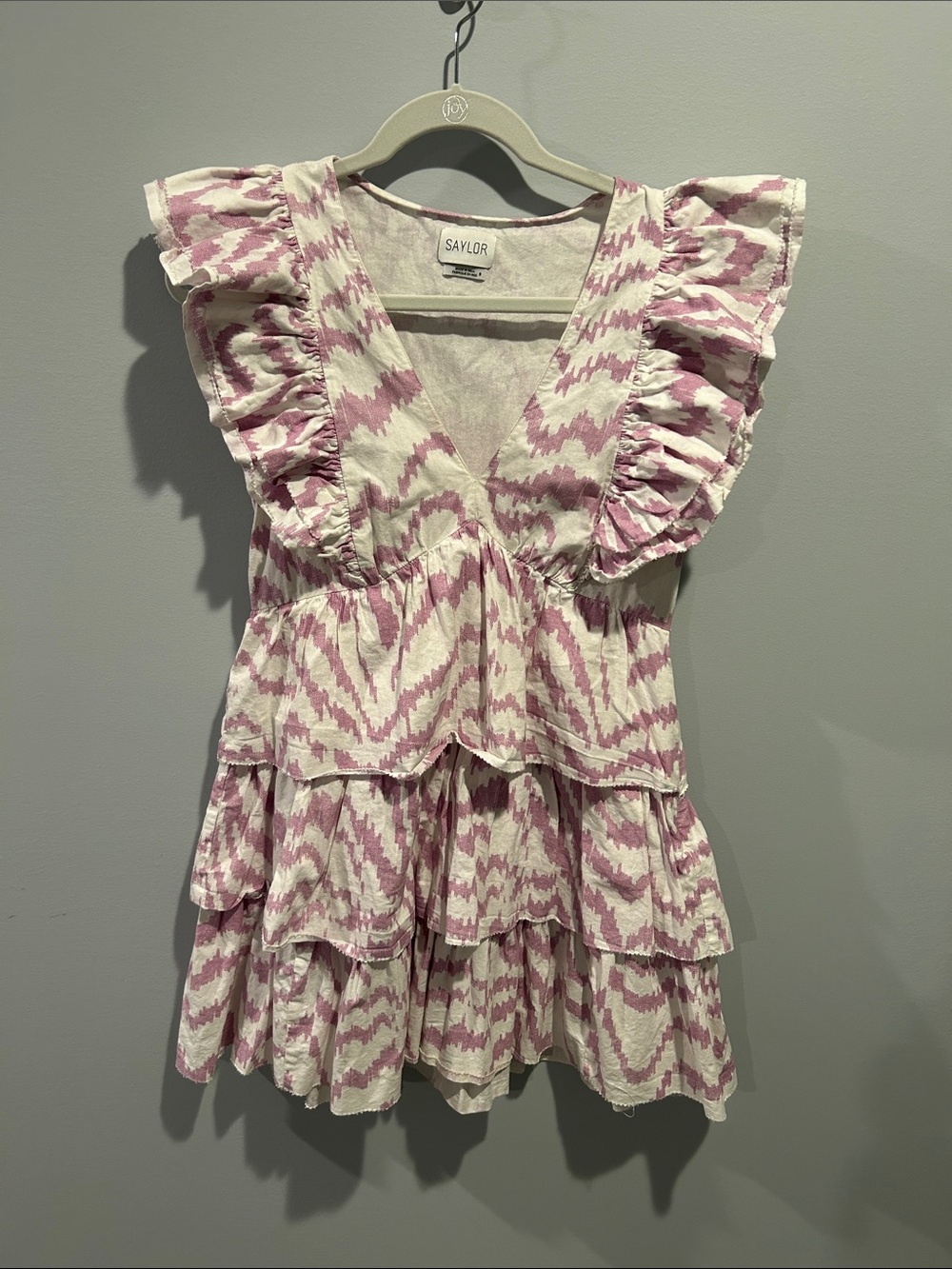 SAYLOR Pink and White Tiered Ruffle Mini Dress